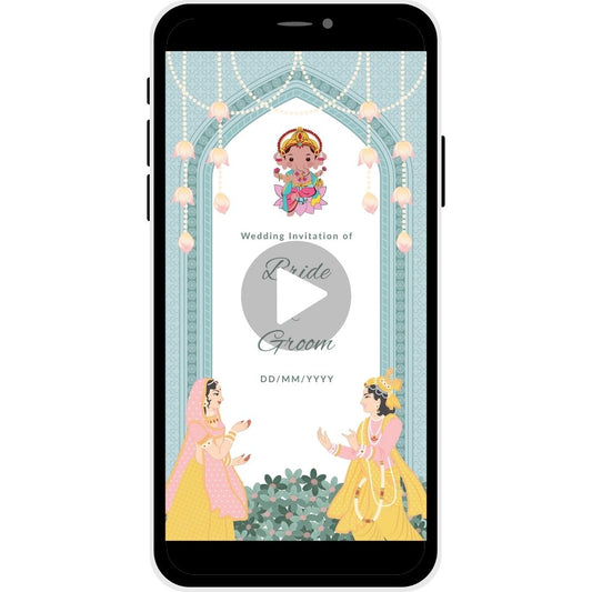 Sanskari Milan Gujarati Wedding Invitation Video featuring traditional attire, cultural decor, bride and groom names, and wedding date.