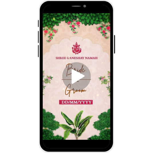 Threads of Tradition Gujarati Wedding Invitation Video with floral designs, Lord Ganesha symbol, bride and groom names, and wedding date.