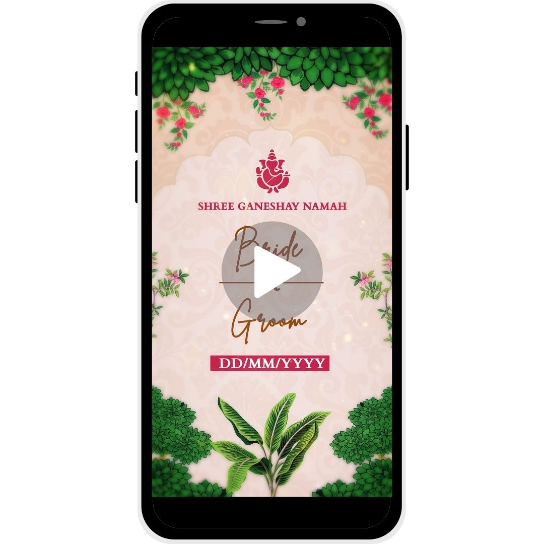 Threads of Tradition Gujarati Wedding Invitation Video with floral designs, Lord Ganesha symbol, bride and groom names, and wedding date.