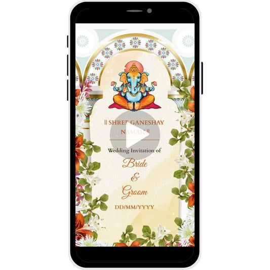 Hindu Wedding Invitation Video "Anant Milan" with Lord Ganesha, floral decorations, and elegant design for the wedding of Bride and Groom.