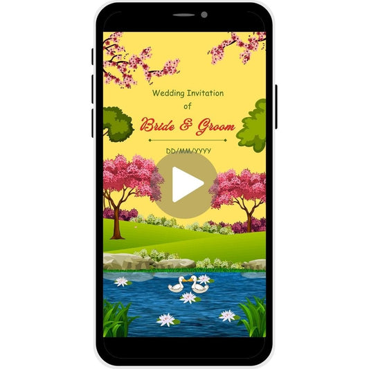 Lakeside Love Kannada Wedding Invitation Video with lake scenery, blooming lotus flowers, bride and groom names, and wedding date.