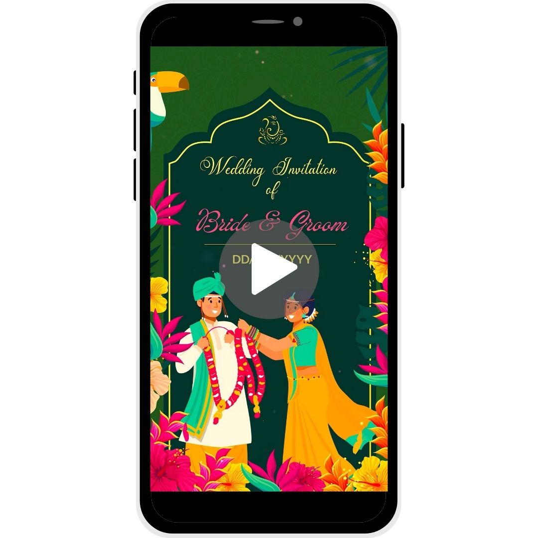 Mangal Parinay Marathi Wedding Invitation Video with traditional Maharashtrian couple, floral designs, bride and groom names, and wedding date.