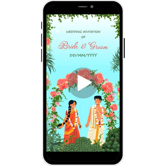 Garden of Blessings Malayalam Wedding Invitation Video with garden backdrop, vibrant floral decor, bride and groom names, and wedding date.