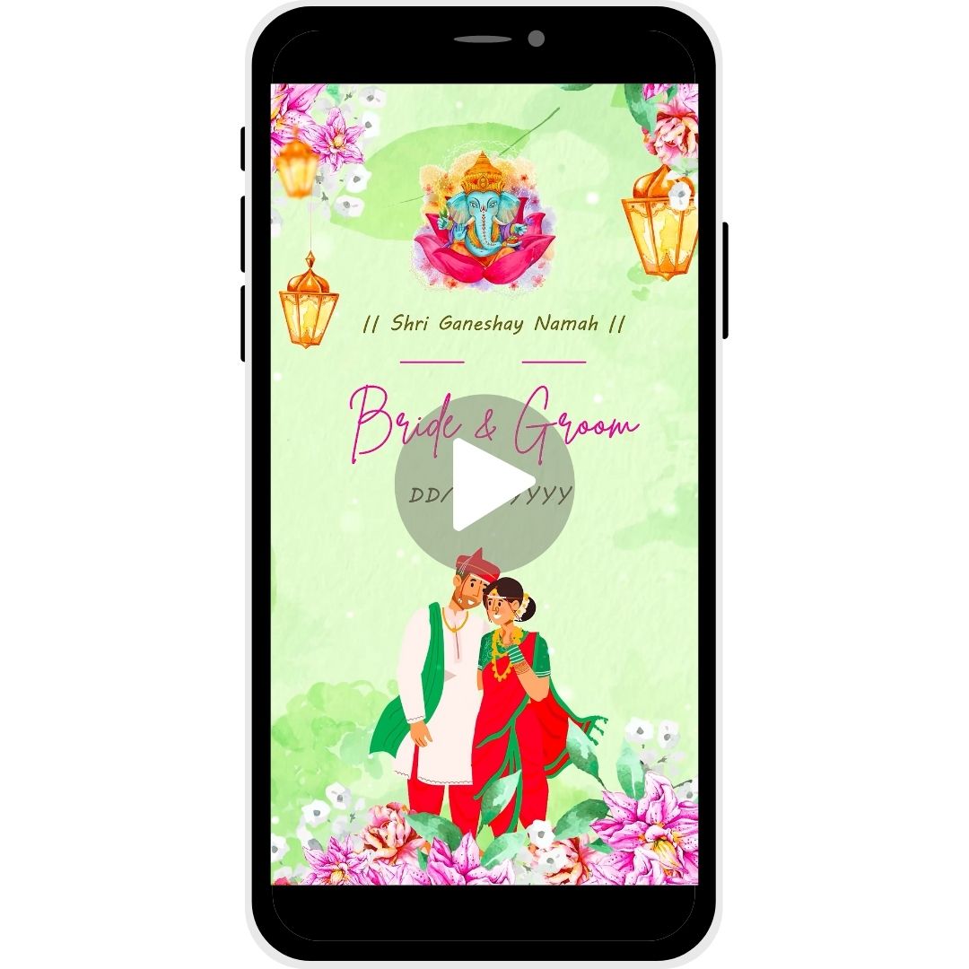 Rajwadi Milan Marathi Wedding Invitation Video with traditional attire, floral decor, Lord Ganesha, bride and groom names, and wedding date.