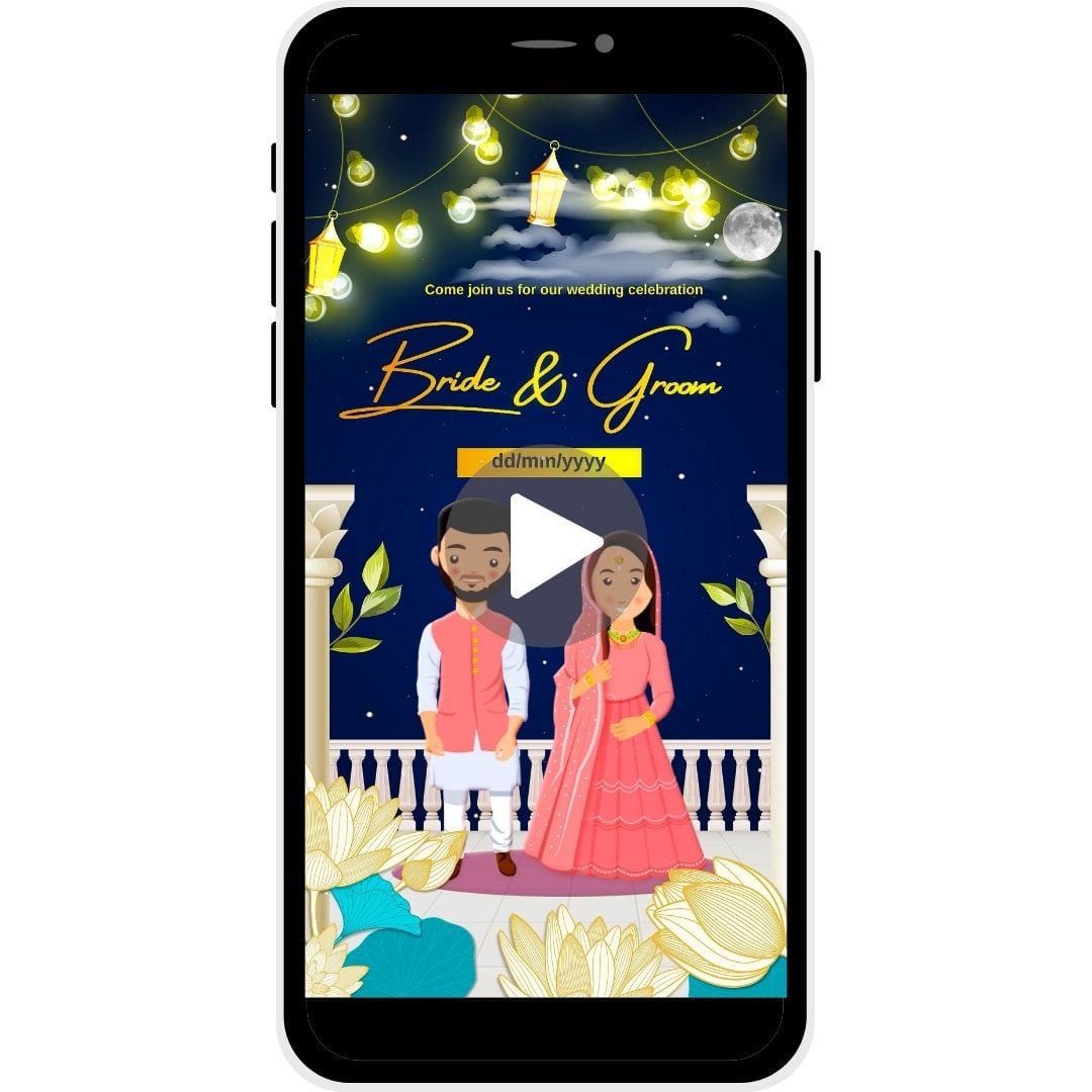 Muslim wedding invitation video titled "Moonlit Bliss" with a traditional moonlit theme and personalized details for Bride and Groom.