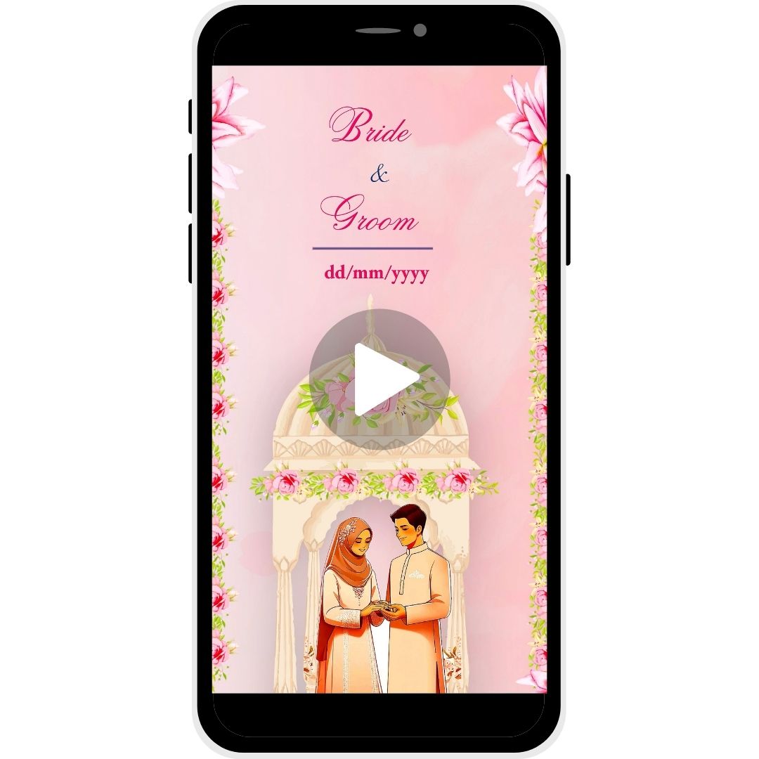 Pure Bond Muslim Wedding Invitation Video featuring traditional motifs, bride and groom illustration, and serene floral decor for a memorable wedding celebration.