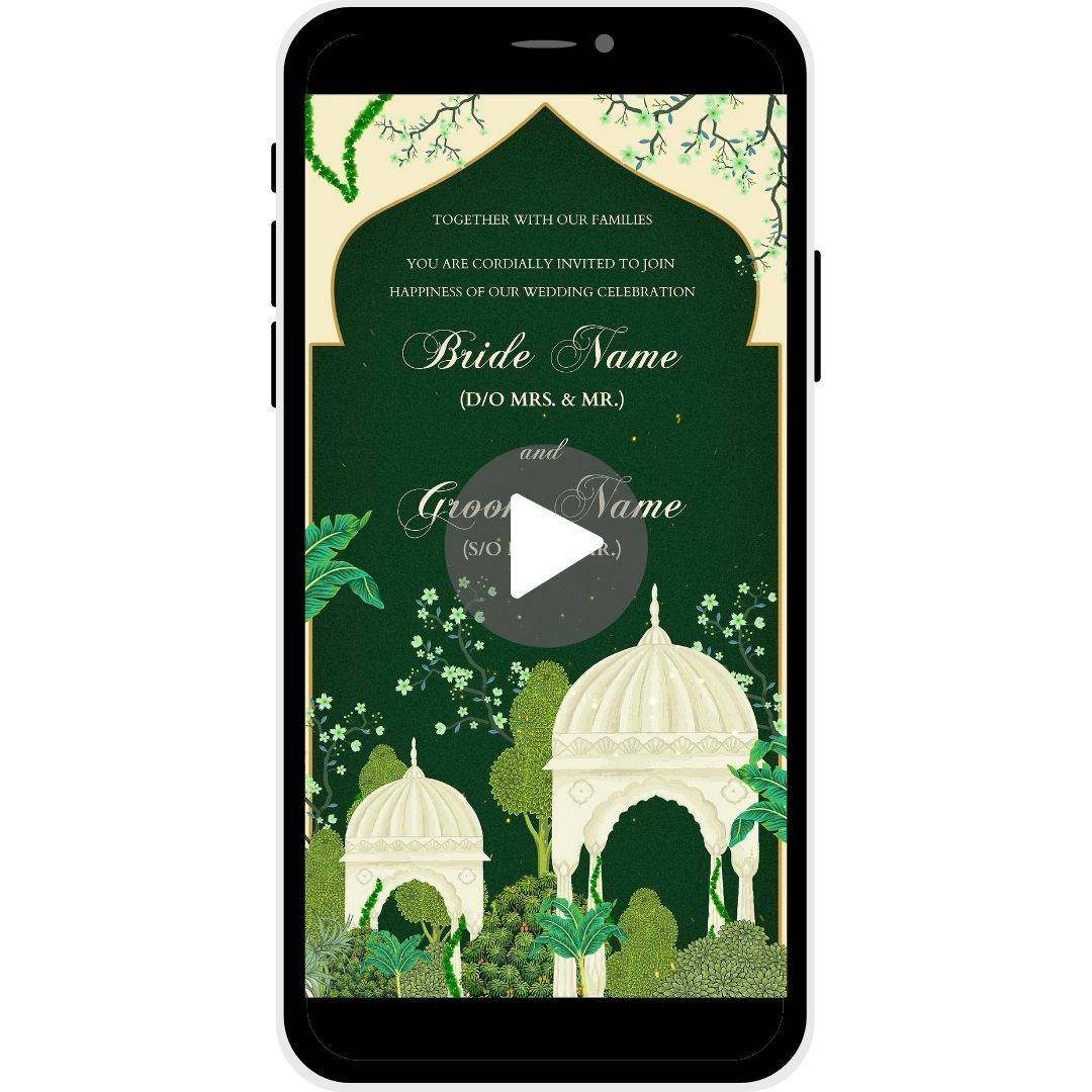 Green Serenity Muslim Wedding Invitation Video featuring domes, greenery, bride and groom names, Mehendi, Engagement, Haldi, Sangeet, Wedding, and Reception ceremonies, RSVP included.