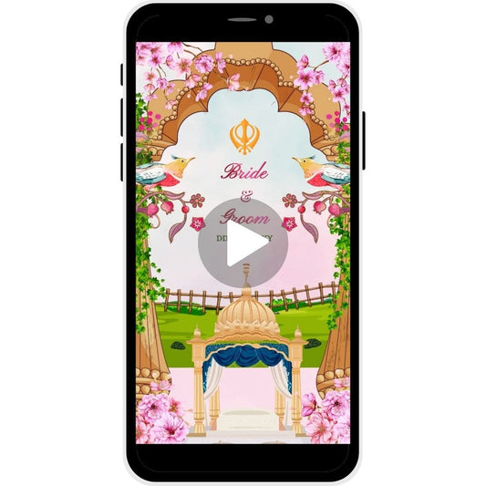 Amrit Vows Punjabi Wedding Invitation Video with Sikh symbols, floral decor, mandap, bride and groom names, and wedding date.