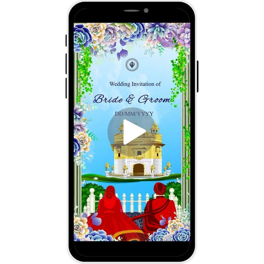 Temple of Love Punjabi Wedding Invitation Video with Gurdwara backdrop, traditional attire, floral decor, bride and groom names, and wedding date.