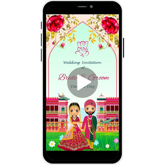 Peacock Majesty Rajasthani Wedding Invitation Video with peacock illustrations, floral decor, bride and groom names, and wedding date.