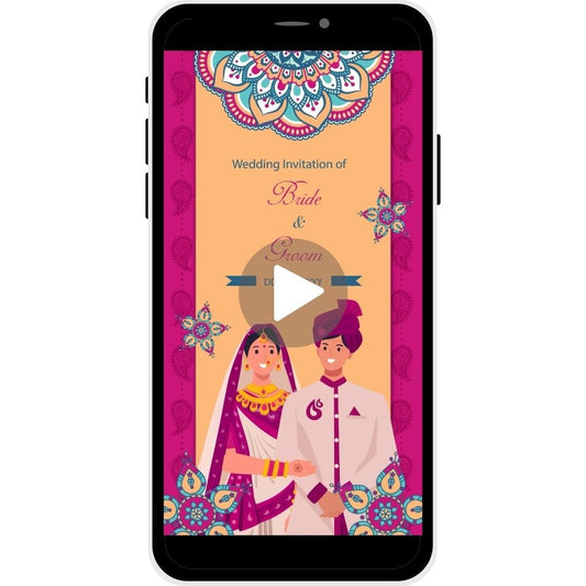 Desert Dreams Rajasthani Wedding Invitation Video with traditional attire, cultural motifs, bride and groom names, and wedding date.