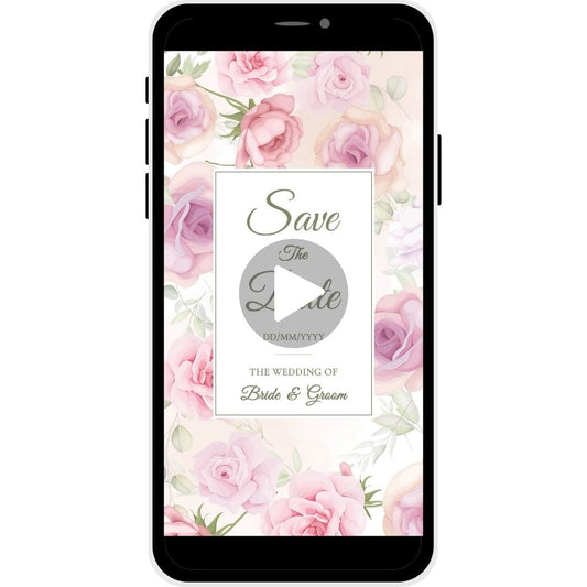 Save the Date invitation video named 'Petal Prelude,' featuring a floral design, announcing the wedding of Bride & Groom.