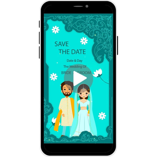 Save the Date invitation video named 'Whimsical Union,' featuring cartoon-style bride and groom characters on a vibrant background, inviting guests to the wedding of Bride & Groom.