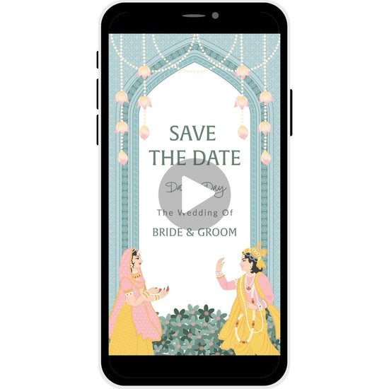 Save the Date invitation video named 'Mystic Moments,' featuring a traditional archway and cultural elements, inviting guests to the wedding of Bride & Groom.