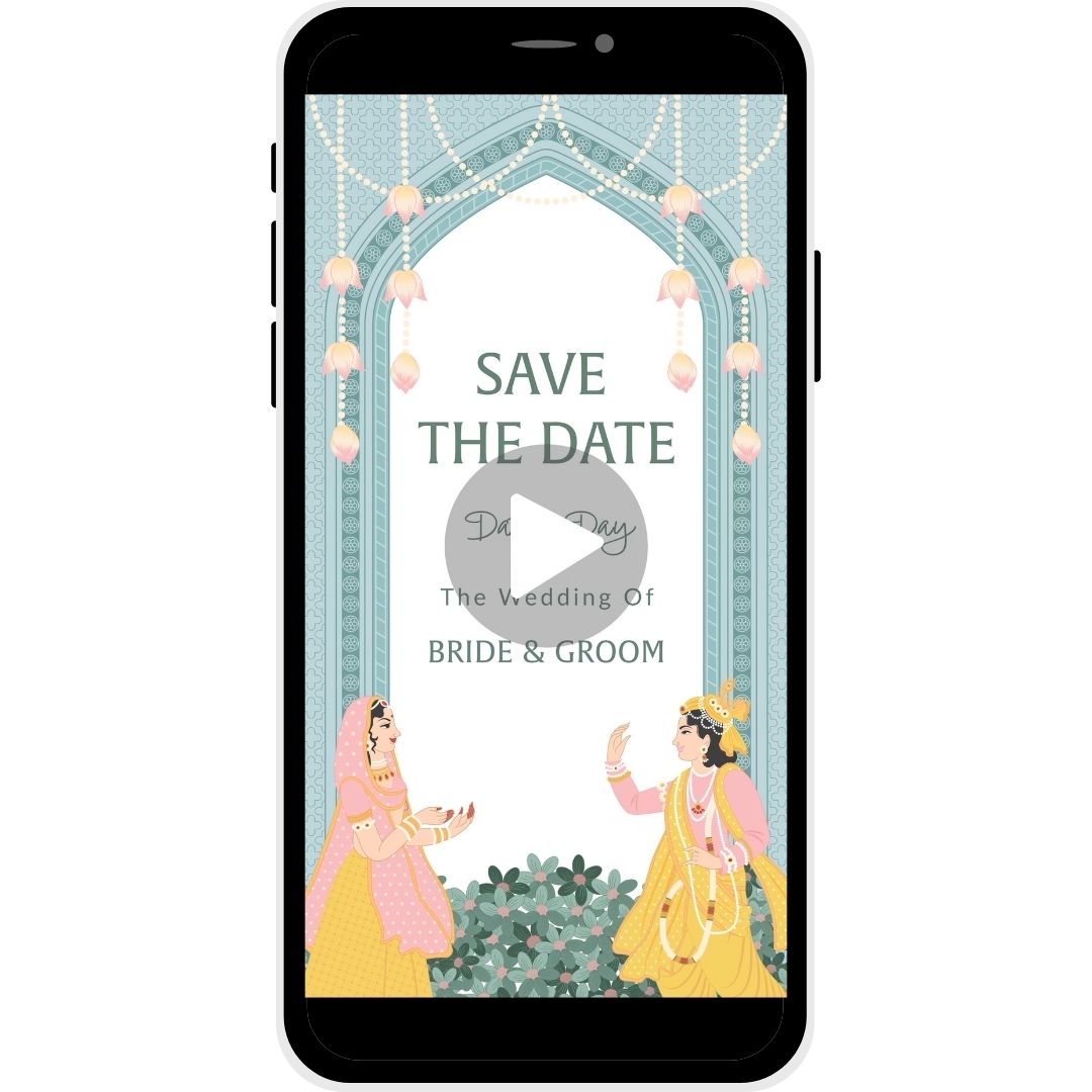 Save the Date invitation video named 'Mystic Moments,' featuring a traditional archway and cultural elements, inviting guests to the wedding of Bride & Groom.