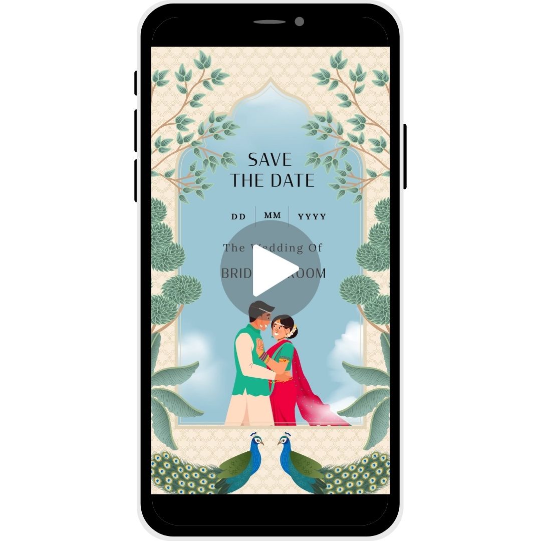 Save the Date invitation video named 'Enchanted Union,' featuring greenery and peacock motifs, inviting guests to the wedding of Bride & Groom.