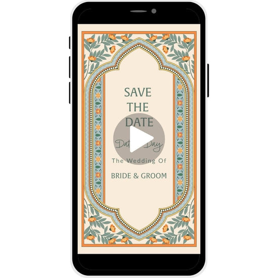 Save the Date invitation video named 'Ornate Beginnings,' featuring a traditional archway with floral patterns, inviting guests to the wedding of Bride & Groom.