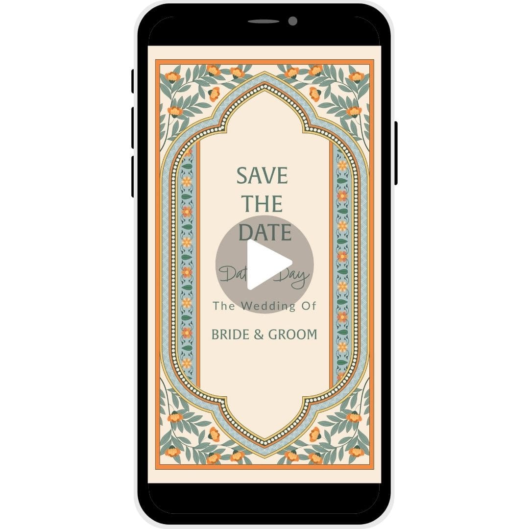 Save the Date invitation video named 'Ornate Beginnings,' featuring a traditional archway with floral patterns, inviting guests to the wedding of Bride & Groom.