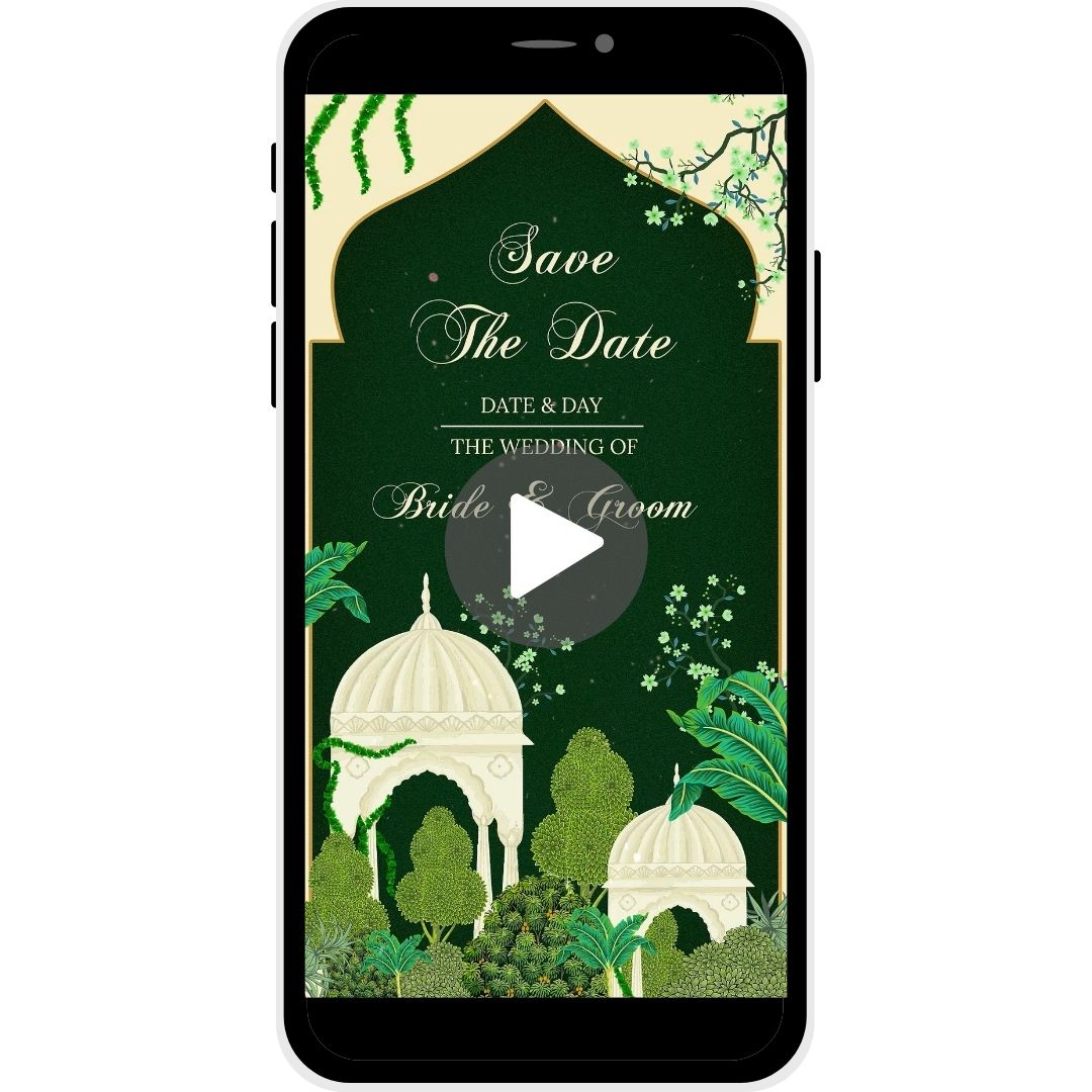 Save the Date invitation video named 'Majestic Union,' featuring lush greenery and ornate domes, inviting guests to the wedding of Bride & Groom.