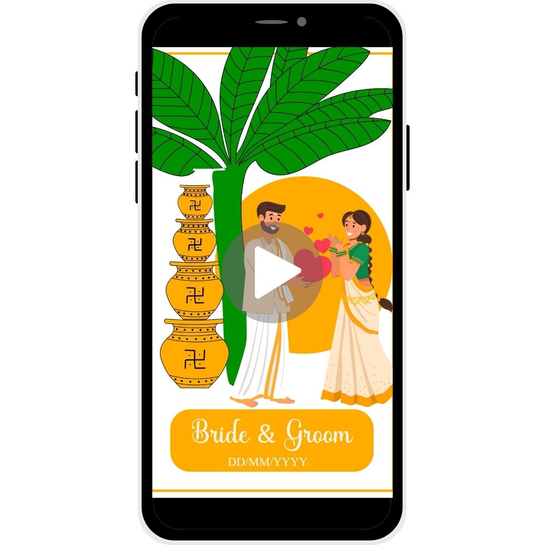 Evergreen Union Tamil Wedding Invitation Video with traditional decor, banana leaves, decorative pots, bride and groom names, and wedding date.