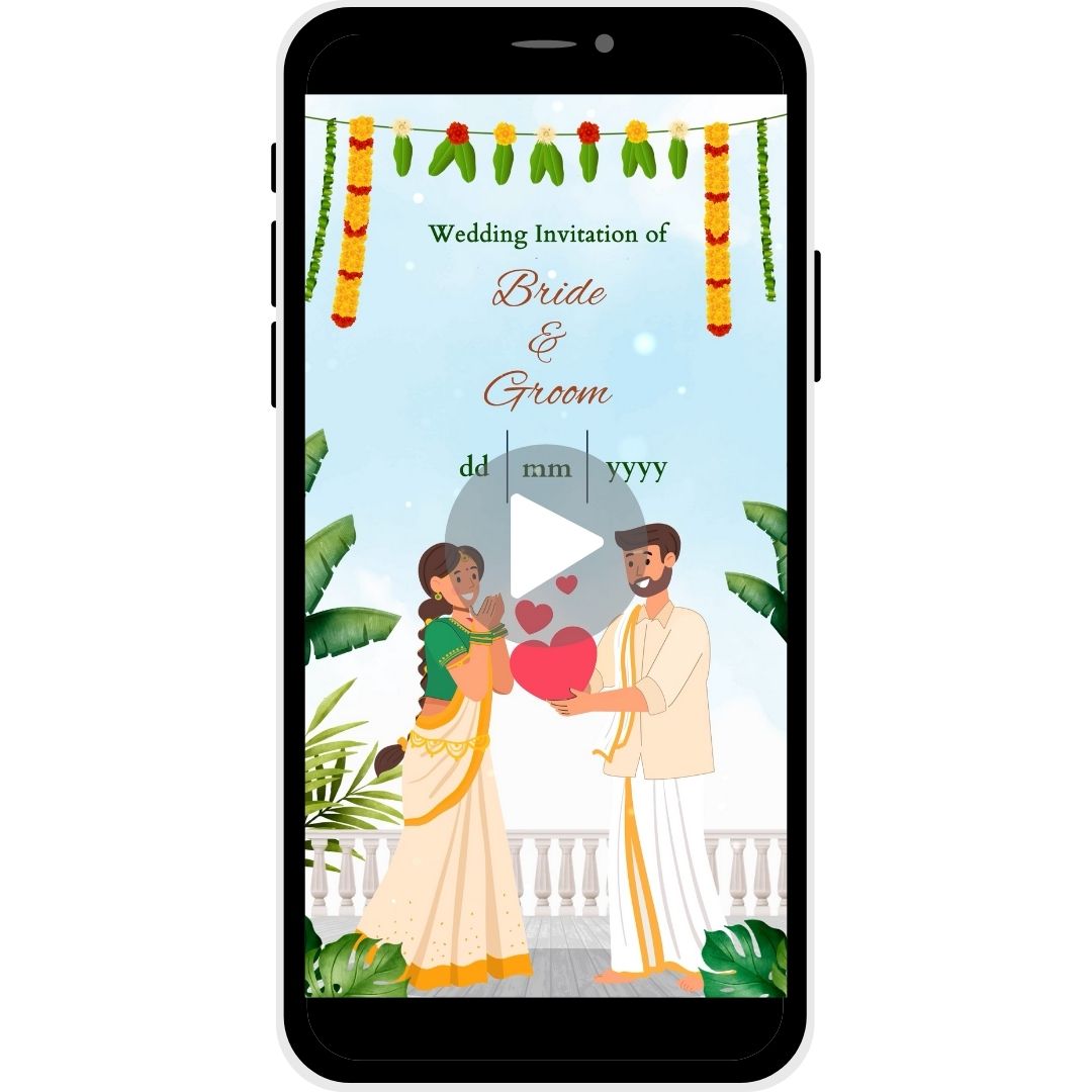 Nature’s Embrace Telugu Wedding Invitation Video with lush greenery, floral garlands, traditional attire, bride and groom names, and wedding date.